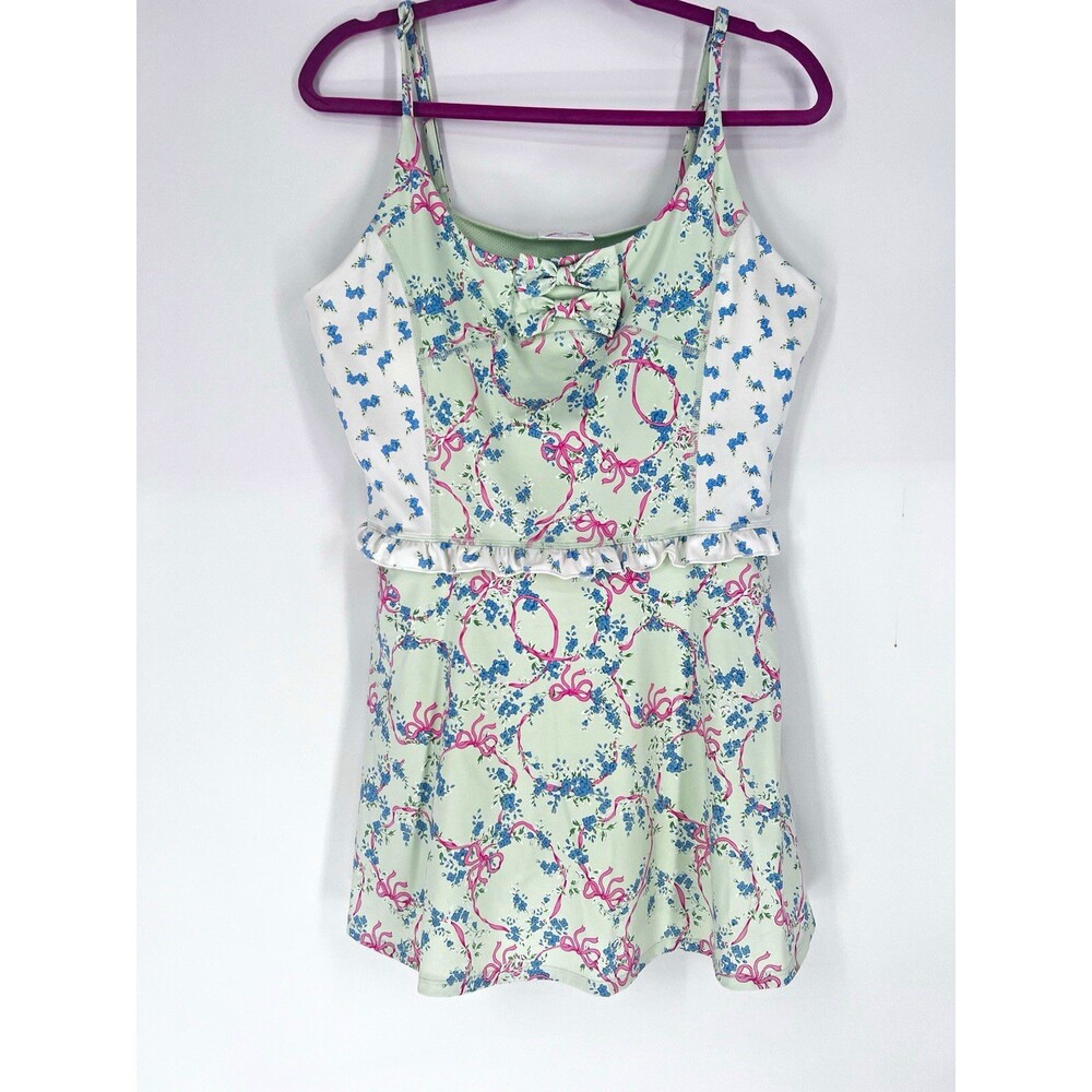 Treasures by Shabby Chic Swimdress XL Mint Floral Bow Ruffle One Piece Swimsuit